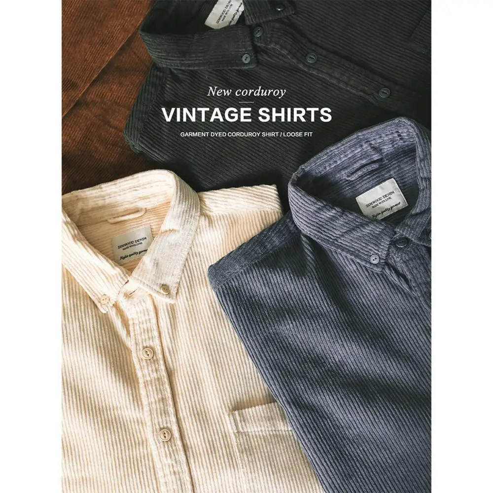 Shirts Men Corduroy Retro Quality 100%Cotton New SIMWOOD Warm Autumn Garment Dyed Loose