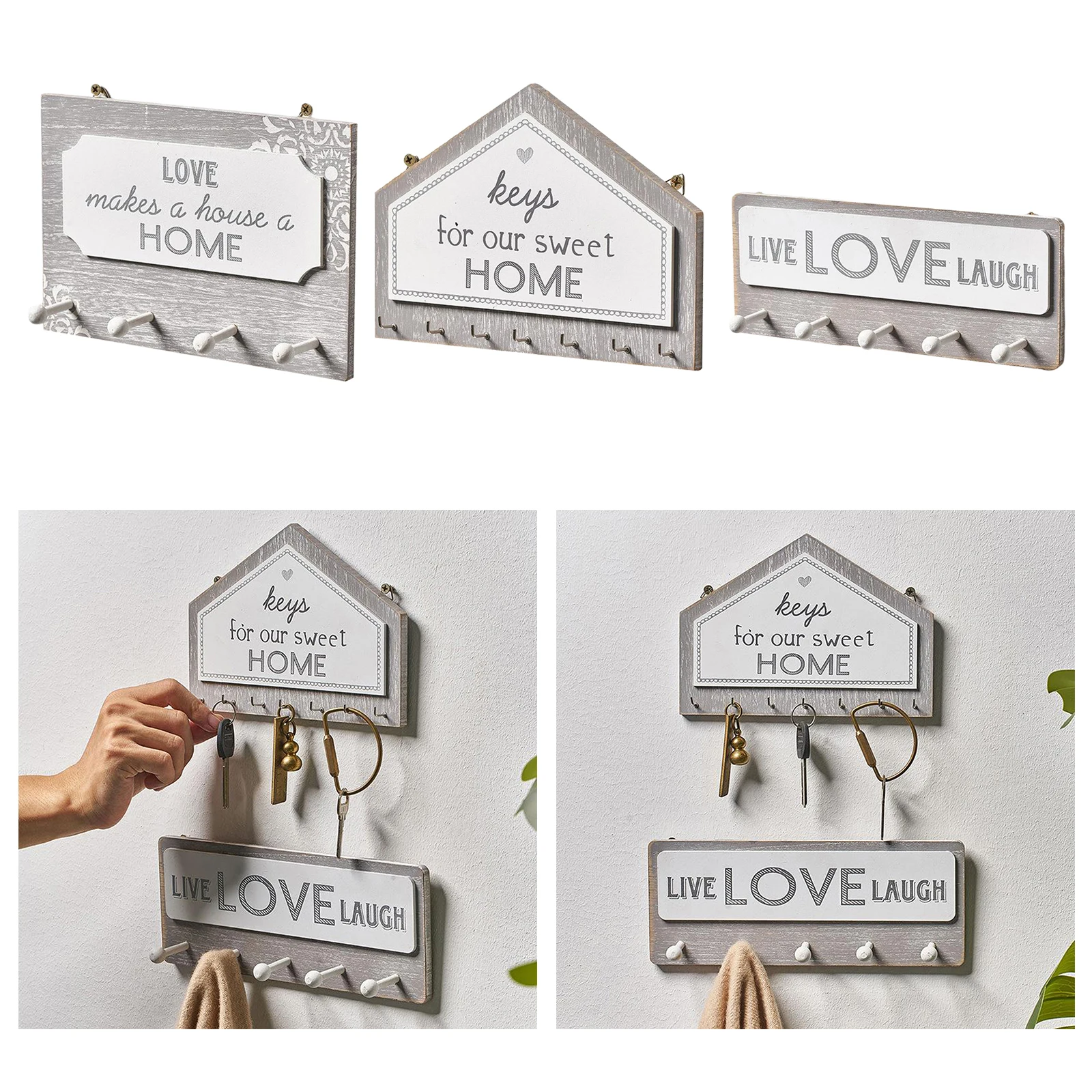 Wood Hanging Plaque Sign With Peg Hooks and 4/5/7 Hanging Hooks Wall Decoration with Letter Sign for Hanging Keys Coat Hat