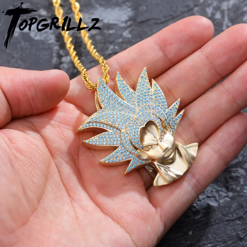 

TOPGRILLZ Iced Out Dragon Ball Character Monkey King Pendant Necklace Gold silver Cubic Zircon Hip Hop Charm Chain Jewelry Gift