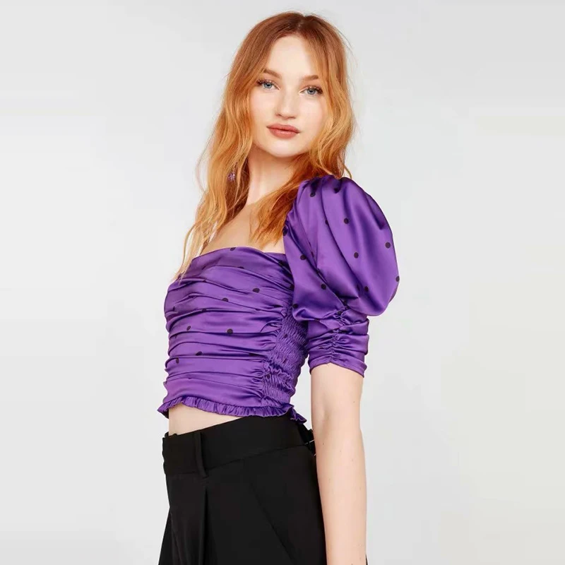  Designer stylish for love lemons cyndi top blouse and shirt vintage satin dot purple square neck pu