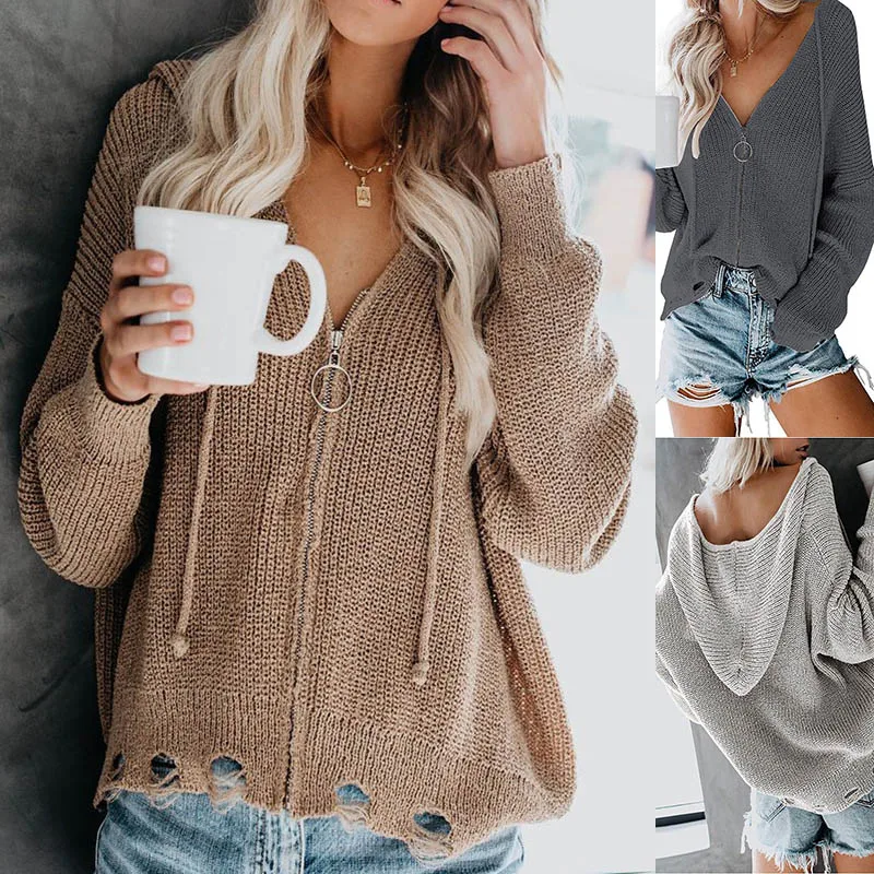 

Solid Color Hooded Zipper Irregular Loose Sweater Coat Autumn Winter Women V-Neck Hollow Out Decor Cardigan Sweaters Coats 3XL