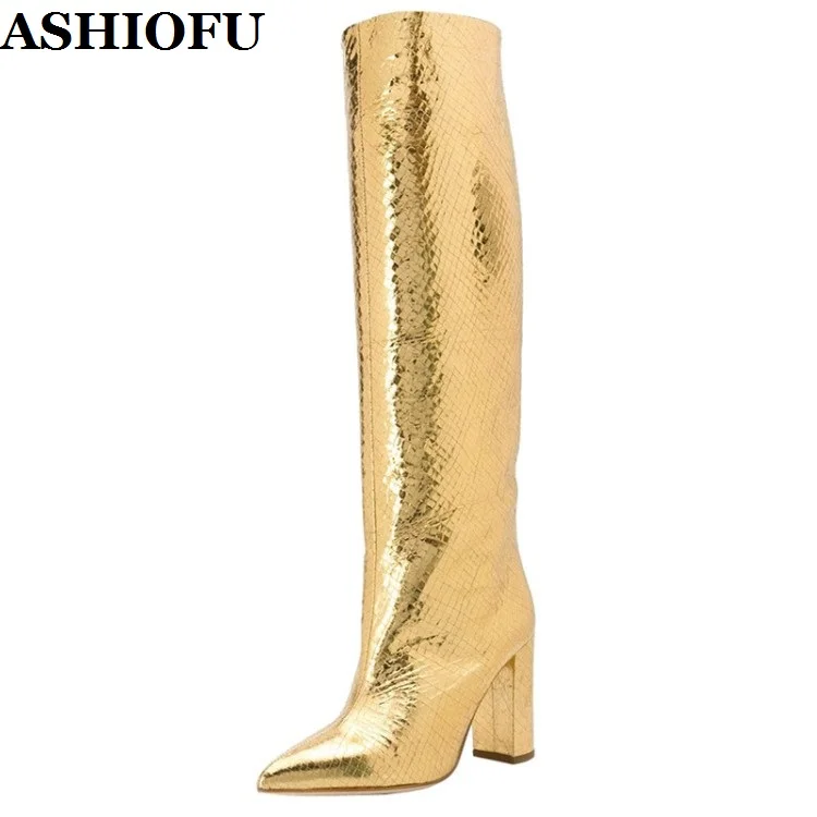 

ASHIOFU New Hot Handmade Ladies Chunky Heel Boots Shinny Bright Leather Knee High Boots Sexy Club Evening Fashion Winter Boots