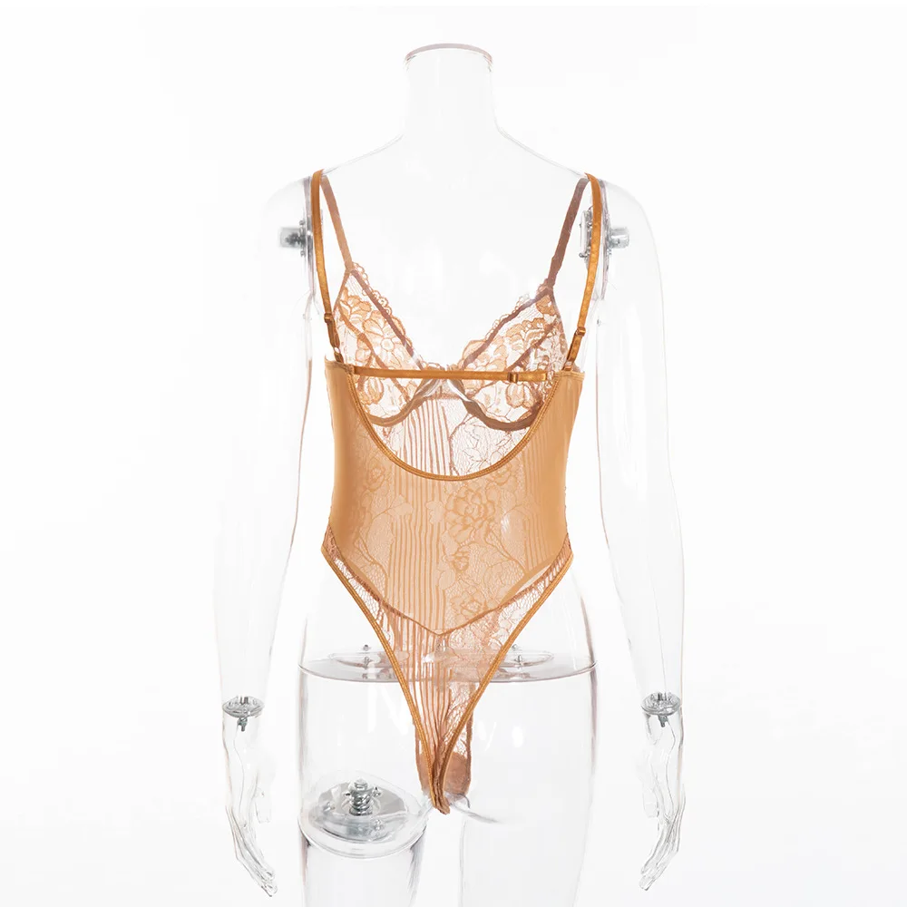Yimunancy Floral Sheer Lace Bodysuit Women Backless Transparent Mesh Bodysuit Bow Sexy Bodysuit Ladies Cut Out Strap Jumpsuit