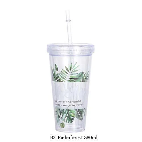 B3.Rainforest Позолоченная ананас кружка BPA бесплатно пластиковая двухслойная бутылка для воды с соломинкой портативная чашка для сока кофе молока посуда для напитков - Цвет: B3.Rainforest
