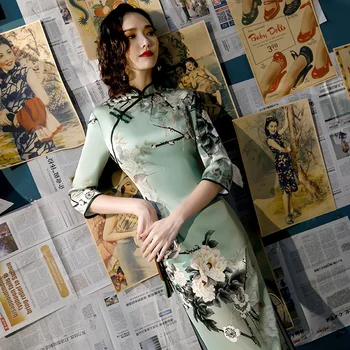 

Vintage Lady Sexy Cheongsam Chinese Traditional Women Dress Elegant Rayon Print Handmade Button Silm Qipao Plus Size 3XL 4XL