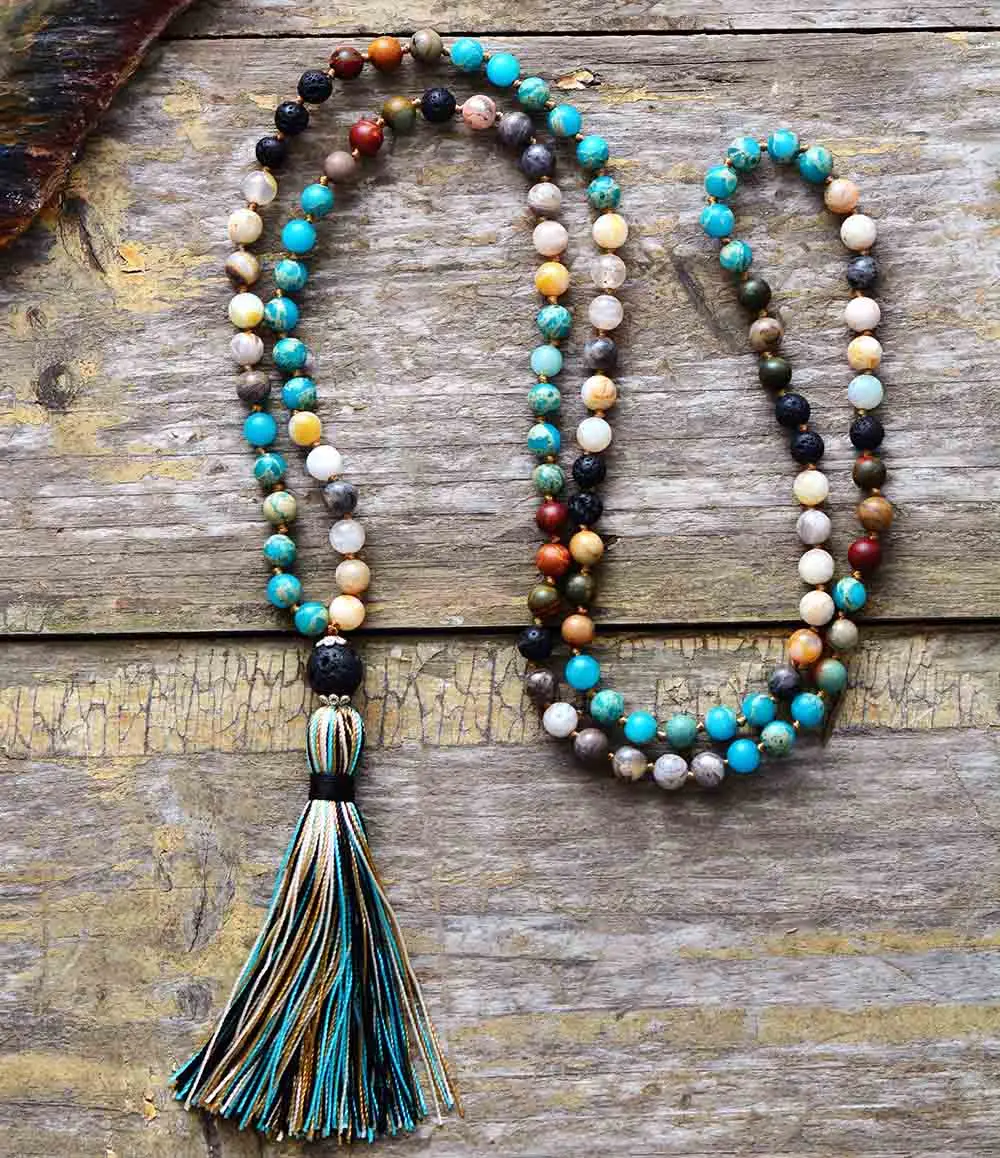 Women Beads Necklace 6MM Natural Stone Lava Rock Tassel Necklace Boho Lariat Mala Yoga
