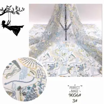 

New high-quality 2020 blue tulle sequins French Nigeria lace fabric pearl embroidered convex lace African 3d lace fabric
