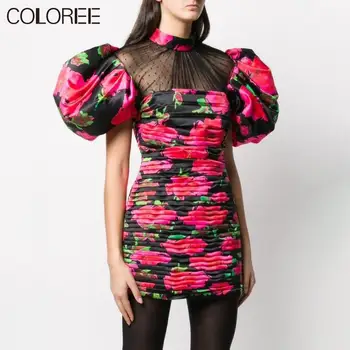 

Vintage Draped Mesh Patchwork Floral Printed Mini Dress Women 2020 Summer Runway Designers A-line Slim Dress Female