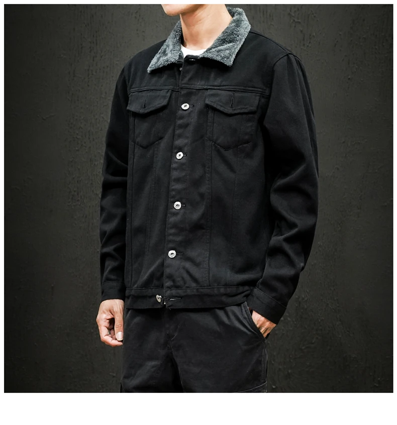 Plus Velvet Thick Denim Jacket Men's Slim Warm Fashion Casual Cotton Fur Collar Denim Jacket Man Streetwear Bomber Jacket Men - Цвет: black