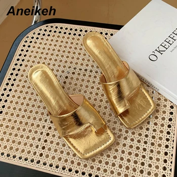 

Aneikeh NEW Golden Soft PU FLIP FLOP Fashion Sexy Square Slippers Women Shoes Peep Toe High Heels Mules Party Dress Pumps 35-39