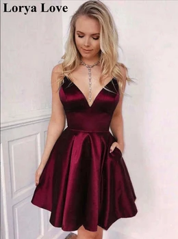 

Satin Burgundy Women Short Cocktail Dresses 2020 Spaghetti Straps Prom Dress Wine Red Homecoming Pockets Women Graduation Gowns