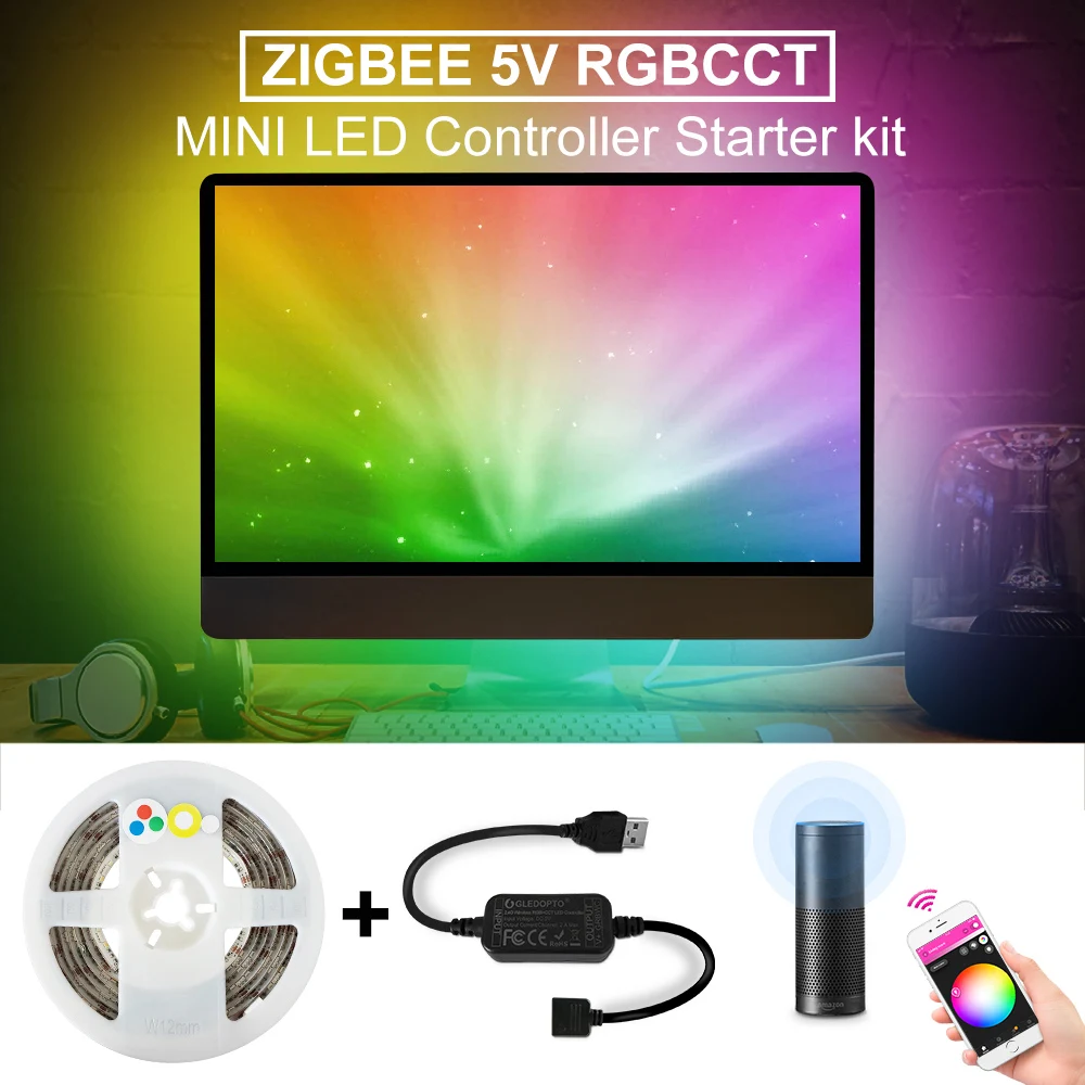 

Zigbee RGBCCT LED Strip USB Mini Controller 5V 2M Smart TV LED Stripe Tape Strip Light by Alexa Echo Plus Control Zigbee 3.0 Hub