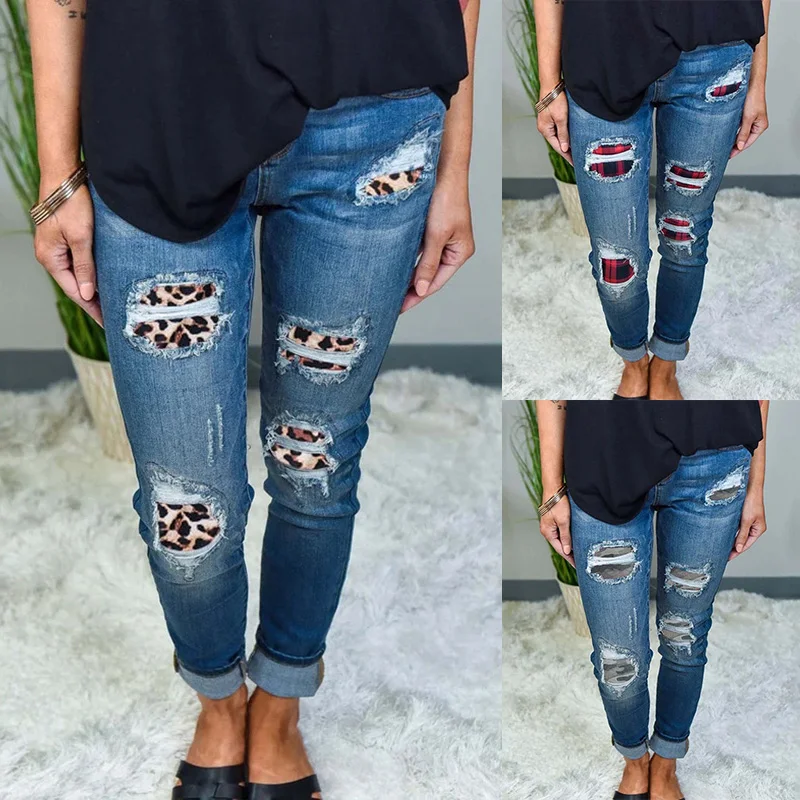 

Newest Woman's Blue Plaid Patch Destroyed Skinny Jeans Ripped Color Contrast Stretch Jeans