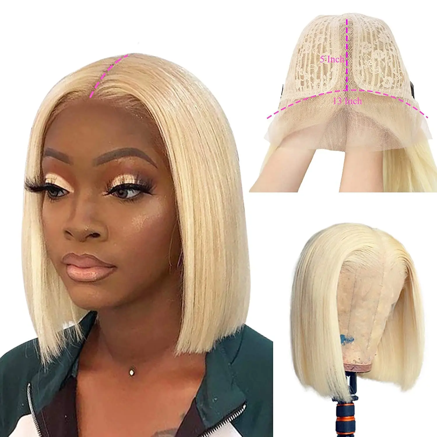 Perucas de Cabelo Dianteira do Laço Perucas de Renda para Preto Parte do Meio t em Linha Loira Humano Parte Peruca Reta 613 Curto Feminino Pré Arrancadas Aleesa Bob 3 Peruca 'lace front'