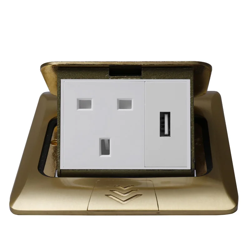 

KEKA All copper Gold Panel slow Pop Up Table Floor Socket 16A British Standard Power Outlet With USB Charging Port 5V 1A