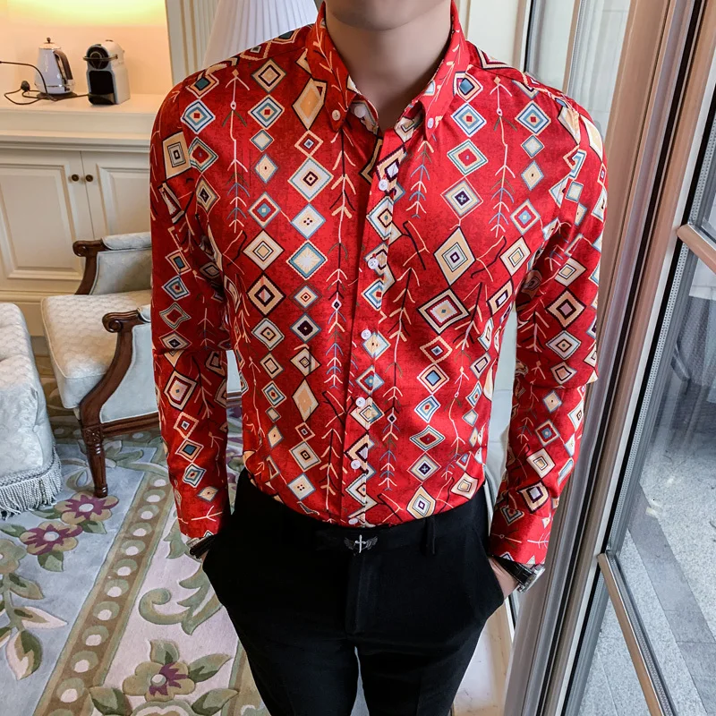 Повседневная мужская рубашка Camisa Masculina, приталенная Ретро рубашка, осень, модная, индивидуальная, с принтом, с длинным рукавом, рубашки для мужчин