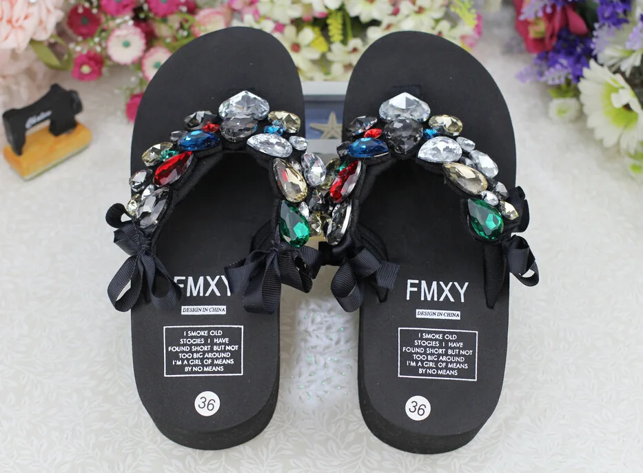 2019 Summer New Luxury Crystal Slippers Bow Womens Cheap Black Platform High Heels Comfortable Flip Flops Shoes Discount56