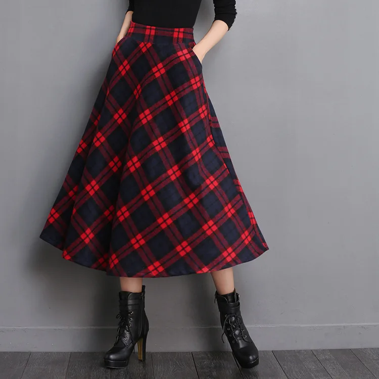 Осенне-зимняя Толстая вязаная юбка Kilt women's A Linie A shape винно-красные миди юбки клетчатые плиссированные большие юбки