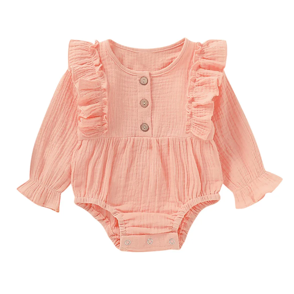 Летний хлопковый костюм с длинными рукавами и круглым вырезом для новорожденных девочек; осенний костюм; модная повседневная одежда с оборками; г.; одежда для малышей - Цвет: Pink