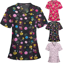 Nurse-Uniform V-Neck-Care Sexy Plus-Size Women Work-Tops Animal-Print Short-Sleeved Summer