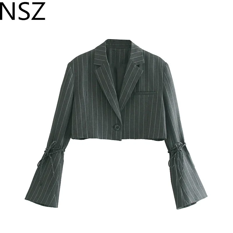 

NSZ Women Striped Cropped Blazer Flare Sleeve Fashion Jacket Elegant Party Short Style Coat Outerwear
