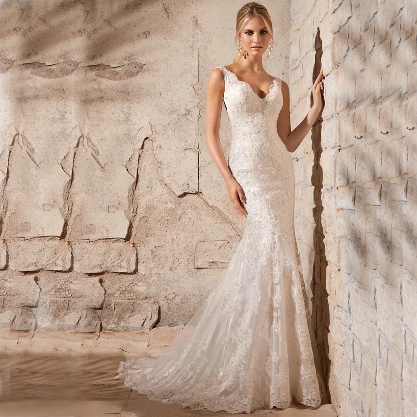 

Vnaix WV493 Deep V Neck Spaghetti Straps with Open Back Sexy Tulle Lace Mermaid Wedding Dresses Bridal Gown 2016