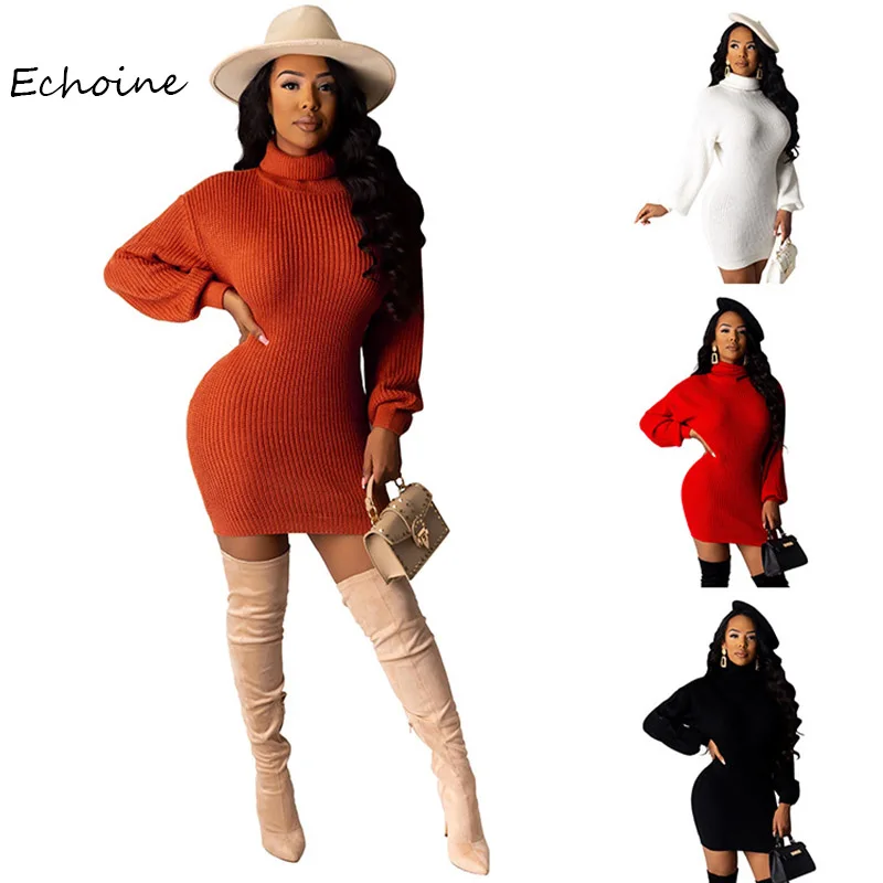 Casual Sweater Women Dress Knit Ribbed Pullover Turtleneck Slinky Bodycon Loose Long Sleeve Mini Solid Color Vestidos | Женская одежда