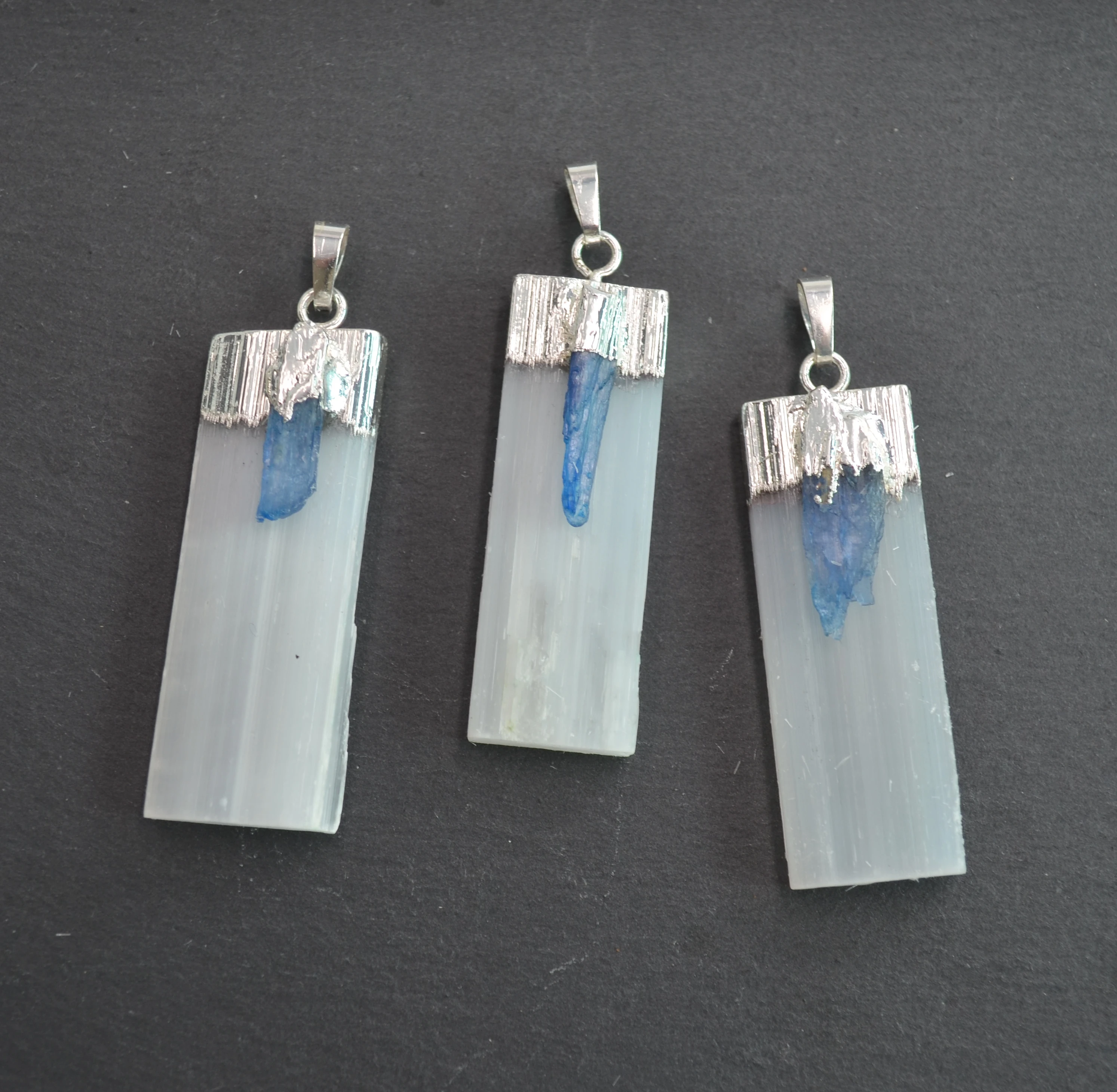 

New silvery Electroplated Selenite pendant with Blue kyanite for jewelry making