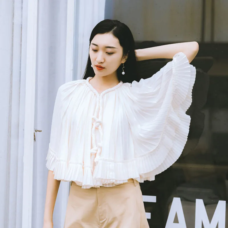 TWOTWINSTYLE элегантный белый шифон Ruched женские блузки V образным вырезом рукав "летучая мышь" шнурок Осень Женские рубашки модная одежда