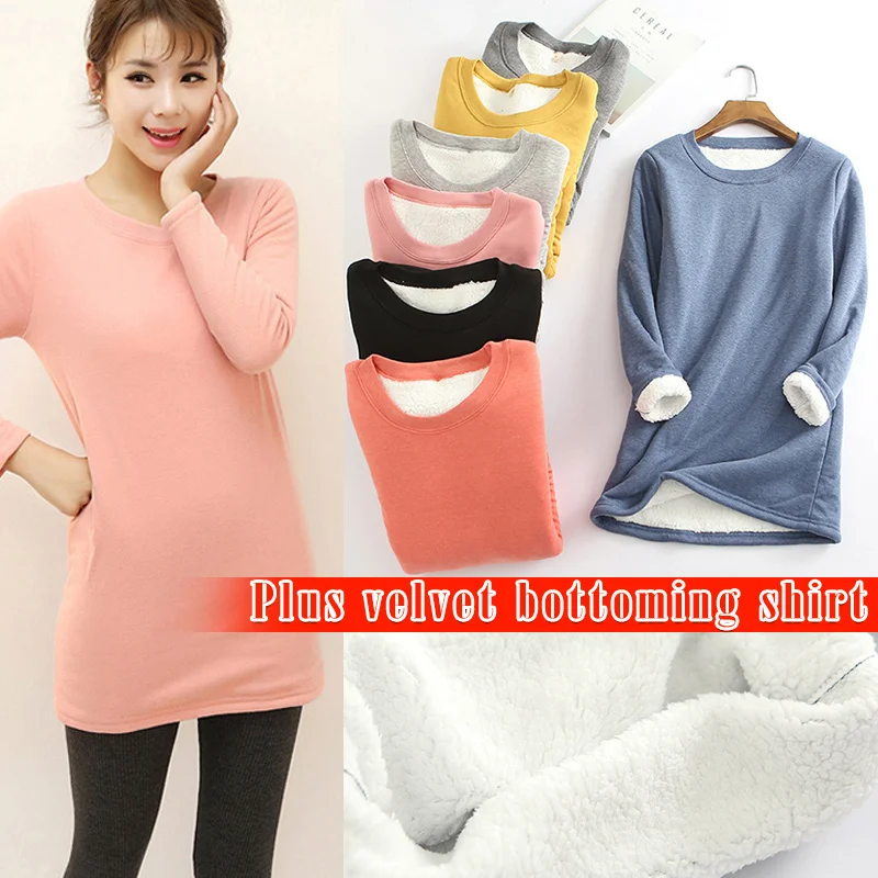 Women T shirt Cotton Warm Winter Thick Long Thermals Long Sleeve Round