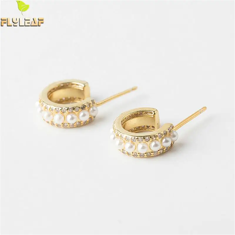 

Flyleaf 100% 925 Sterling Silver Gold Pearl Circle Hoop Earrings For Women High Quality Girl Student Gift Fine Jewelry