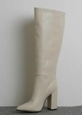 beige as picture Choudory/Сапоги до колена из змеиной кожи коричневого цвета со стразами; высокие сапоги с острым носком на не сужающемся книзу массивном каблуке; пикантные высокие сапоги из кожи питона; модельные туфли - Цвет: beige as picture