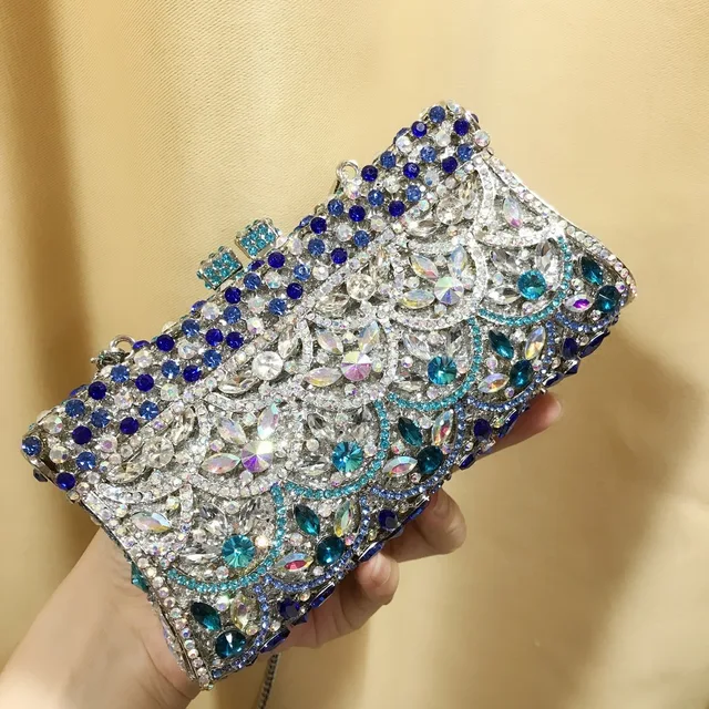 XIYUAN Lady Silver Blue Crystal Handbags Rhinestone Evening bags Clutch Bag Wedding Bridal Metal Handbag Clutches Bags For Women 5