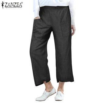 

2020 ZANZEA Women Casual Vintage High Elastic Waist Pockets Striped Baggy Harem Pants Turnip Trousers Work OL Wide Leg Pantalon