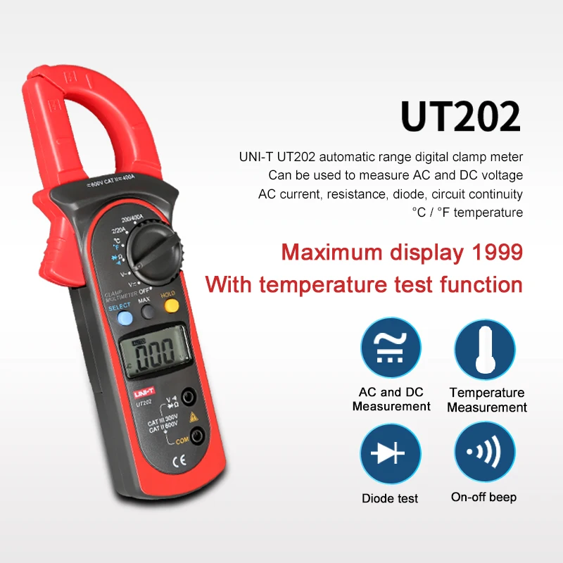 Uni-t UT201/UT202/UT202A цифровой зажим метр; 400A-600A Цифровой амперметр, сопротивление/диод/температурный тест, ЖК-подсветка