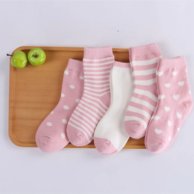 Pink 5 пара/лот, детские мягкие хлопковые носки для мальчиков и девочек, милые теплые спортивные носки в полоску и горошек с мультипликационным принтом, Осень-зима, подарок для детей, CN - Цвет: Pink