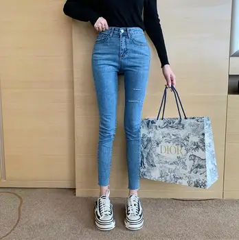 

Spring and summer high waist slim stretch hole denim jeans