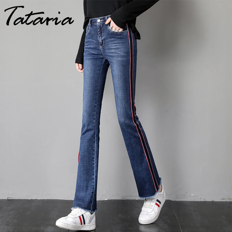 

Tataria High Waisted Jeans for Women Side Stripe Jeans Women Autumn Vintage Skinny Jeans Office Lady Denim Flare Pants Trouser