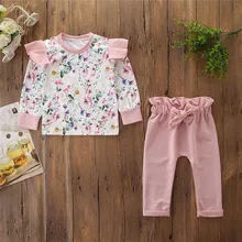 Одежда для новорожденных детей, одежда для маленьких девочек футболка с длинными рукавами и круглым вырезом с цветочным принтом+ однотонные штаны комплект из 2 предметов, Ropa Infantil Menina