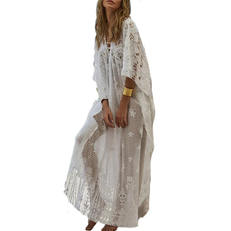 Deep-v-neck boho tassel bridal gown flare sleeve full lace bohemian dress | Женская одежда