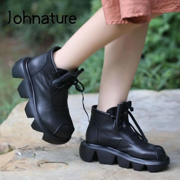 

Johnature Ankle Platform Boots Lace-up Genuine Leather Women Shoes Flat With Sewing Round Toe Handmade Leisure Women Boots