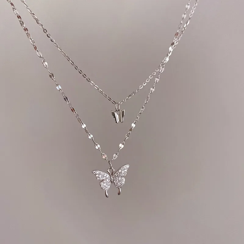 2 Layer Butterfly Necklace with Crystal Dainty Small Butterflies Jewellry Double Chain Bridesmaid Gift Choker Layering | Украшения и