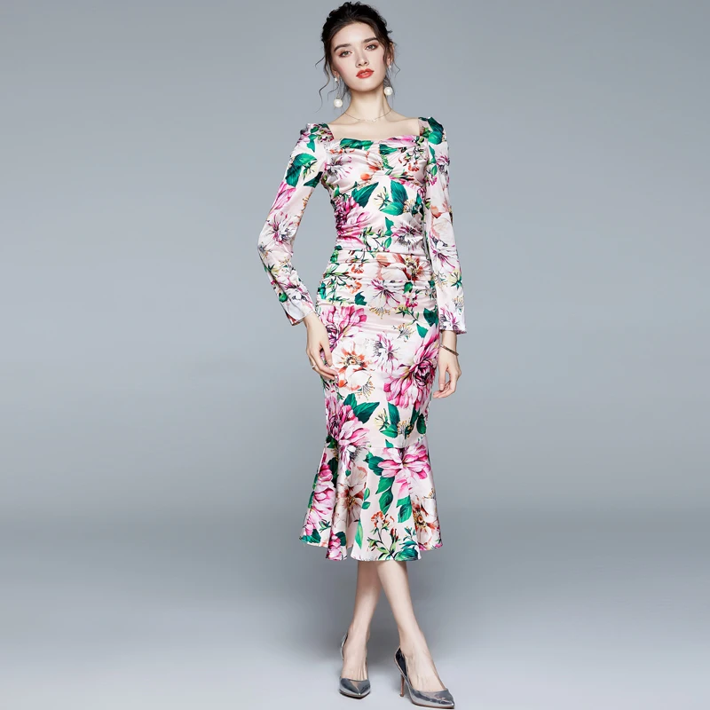 ZUOMAN Women Autumn Elegant Floral Satin Dress Festa High Quality Long Vintage Trumpet Party Robe Femme Designer Vestidos | Женская