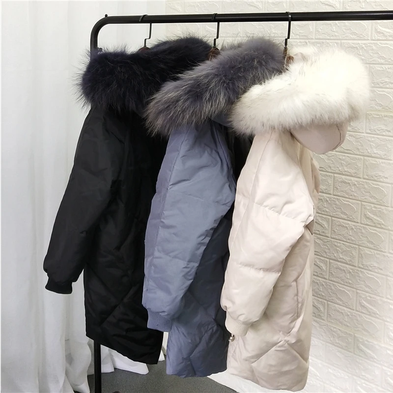 

Large Natural Fox Fur Hooded Winter Jacket Women 90% White Duck Down Thick Parkas Warm Snow Coat AA-605