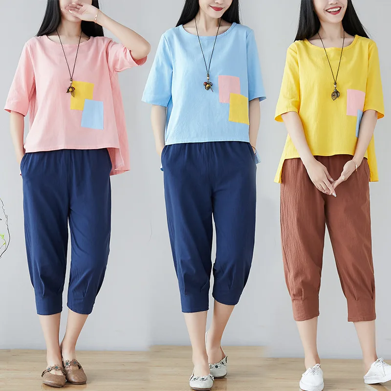 

Summer Hipster Cotton Linen WOMEN'S Suit Large Size Loose Fashion Casual Capri Pants Flax Two-Piece Set