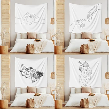

Minimalist Literary Black and White Line Tapestry Home Decoration Fabric Painting Wall Hanging Background for Bedroom Dorm