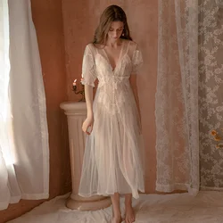 Women Sleepwear Set Pajama Dress Lingerie and Robe Solid Thin See Through New Mesh Long V-neck Three-piece Suit Lace Sexy