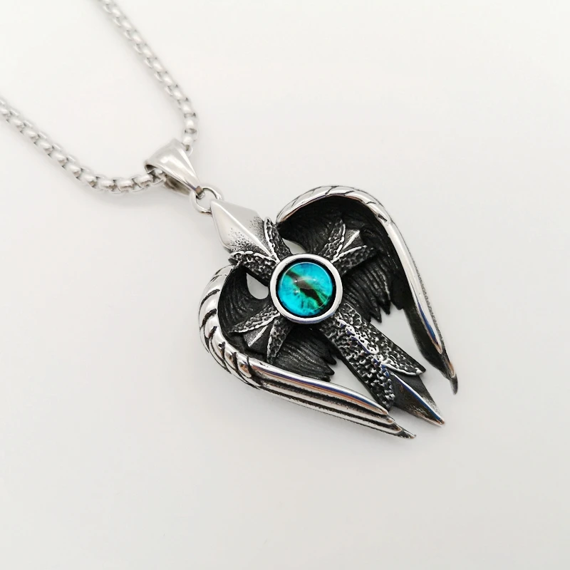 

2019 new Retro silver color stainless steel angel wings Vintage cross pendant necklace Blue devil eye cross wings necklace men