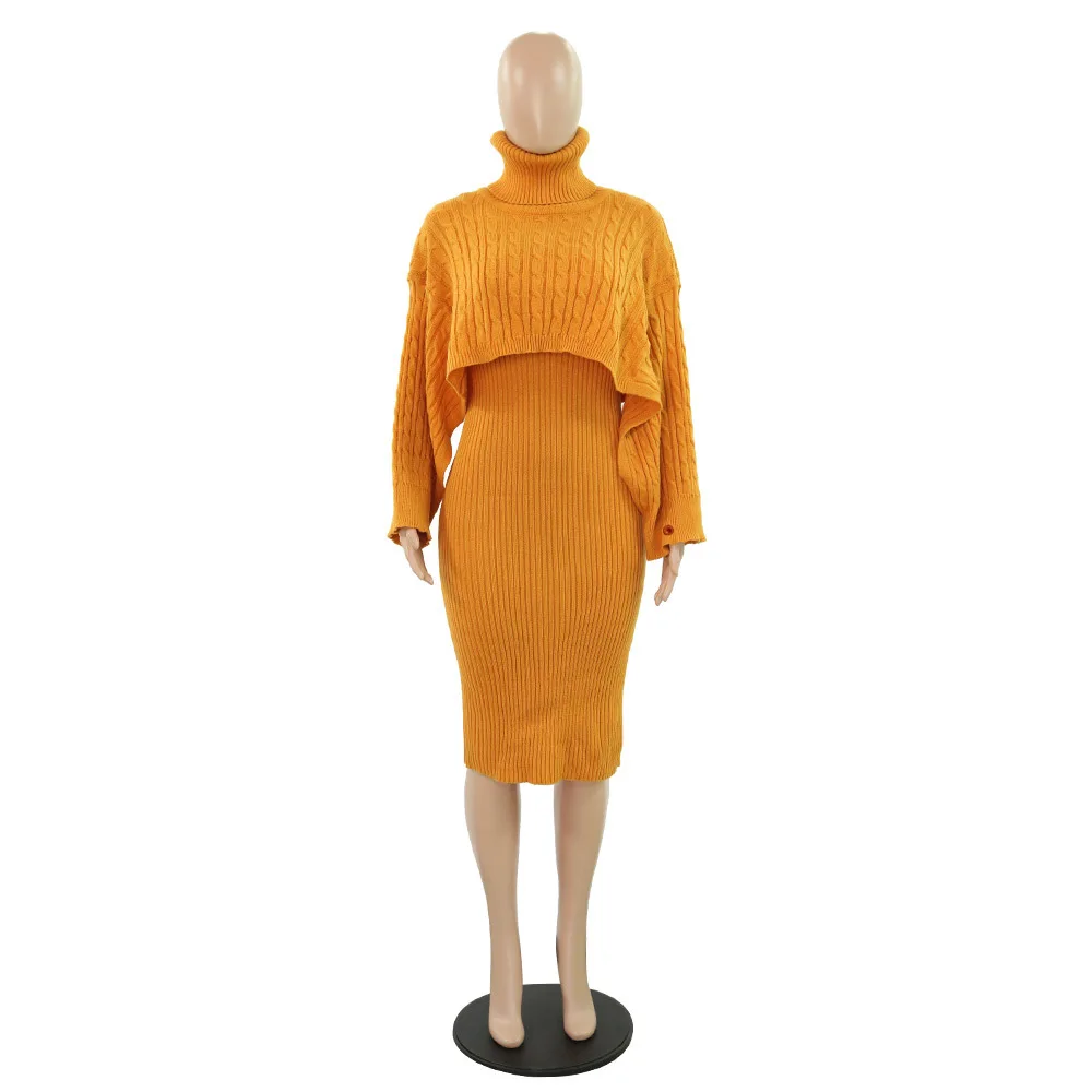 HAOOHU комплект из двух предметов; женская одежда больших размеров; сезон осень-зима; вязаный свитер с высоким воротом; Топ и платье; комплект из 2 предметов; одинаковые комплекты