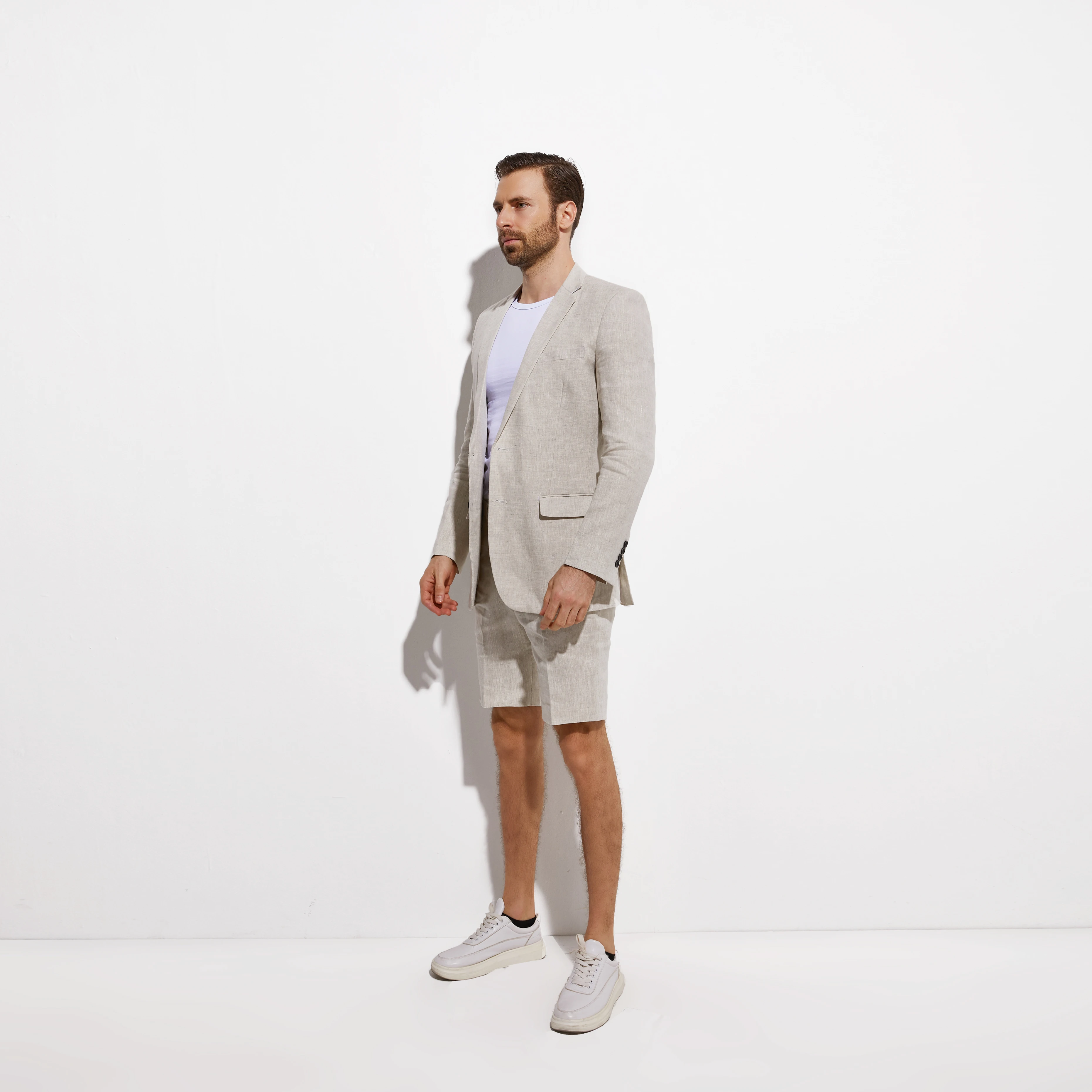 Tailored Sand Grey Linen Suit for Men | Beach Wedding Groom Attire | Summer Breathable 2-Piece Set with Shorts Slim Custom Fit